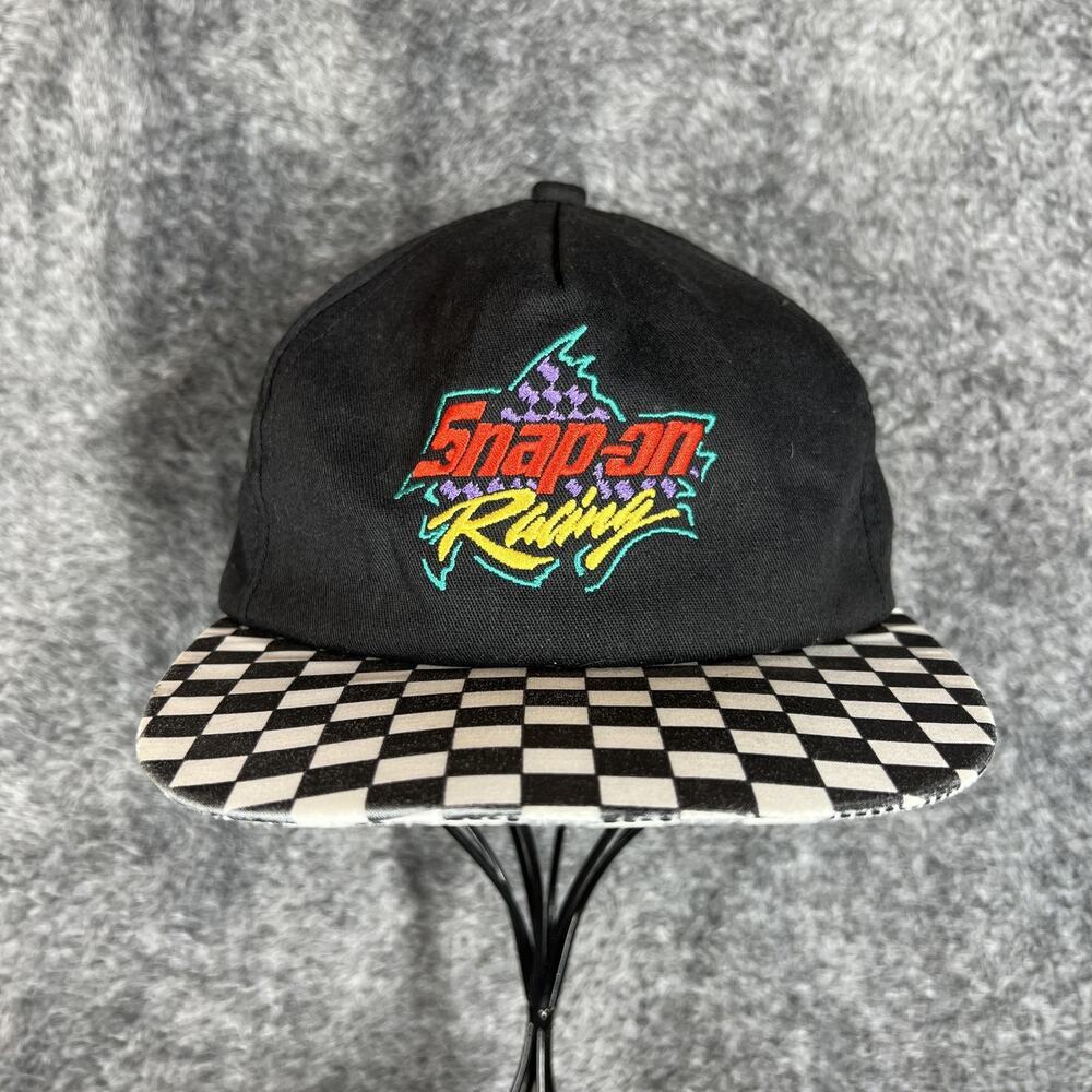 Vintage Snap-on Racing Hat Cap Snap Back One Size Black Checkered Brim USA 90s